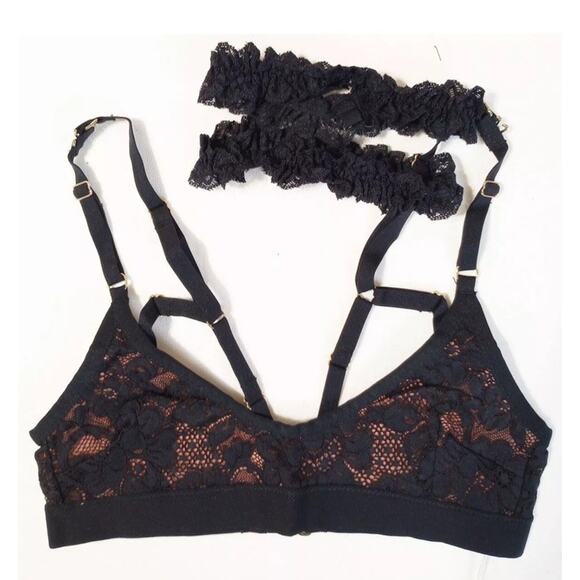 We Are HAH/Free People Guard Her Convertible Bra Garter Set Noir Black Lace Sm - Picture 1 of 11